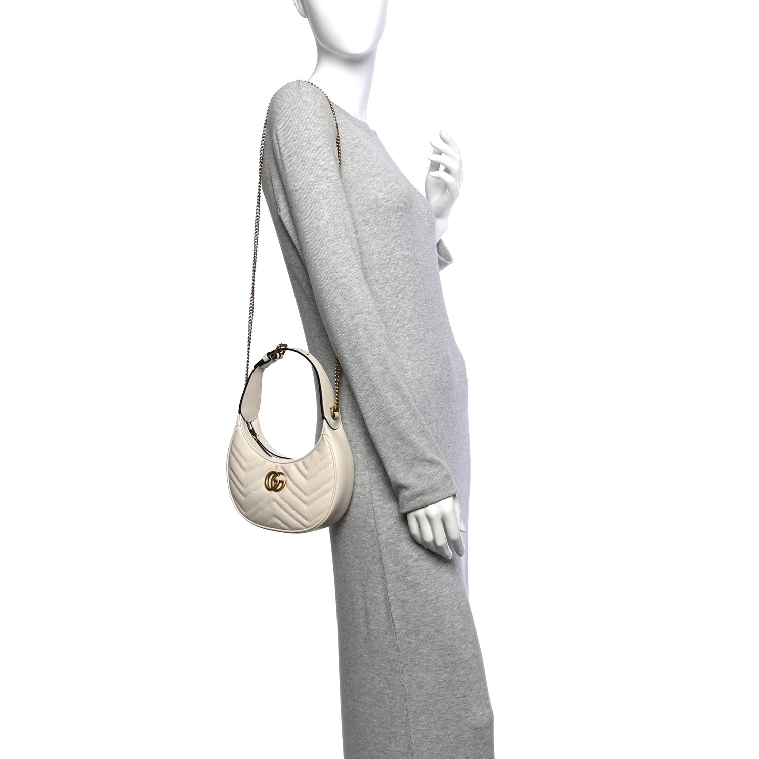 Gucci Calfskin Matelasse Chevron Mini GG Marmont Half Moon Hobo Mystic White 2 of 9