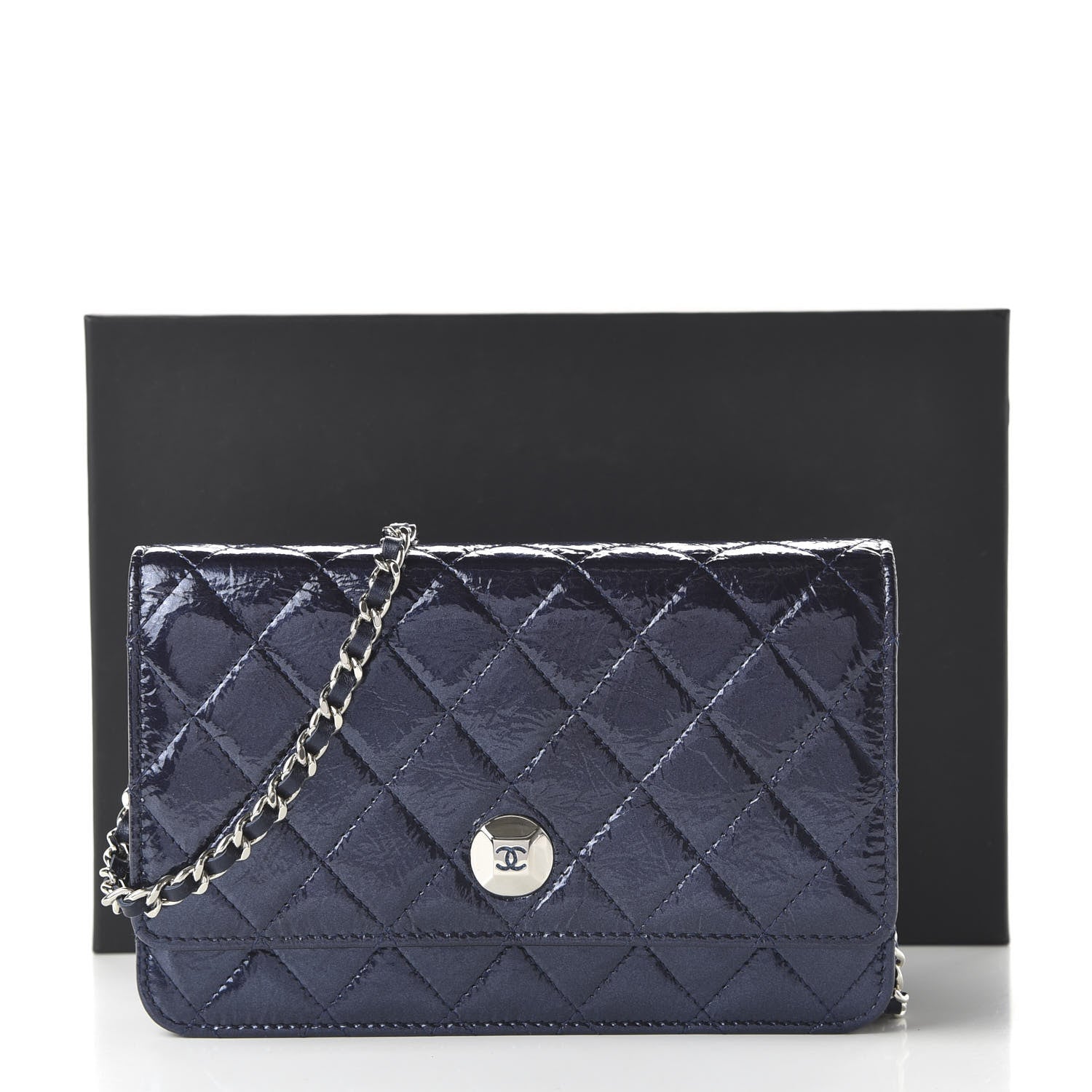 Chanel Patent Metallic Crumpled Calfskin Quilted Wallet On Chain WOC Navy 12 of 12