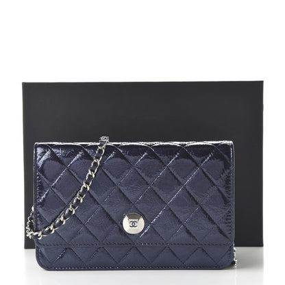 Chanel Patent Metallic Crumpled Calfskin Quilted Wallet On Chain WOC Navy 12 of 12