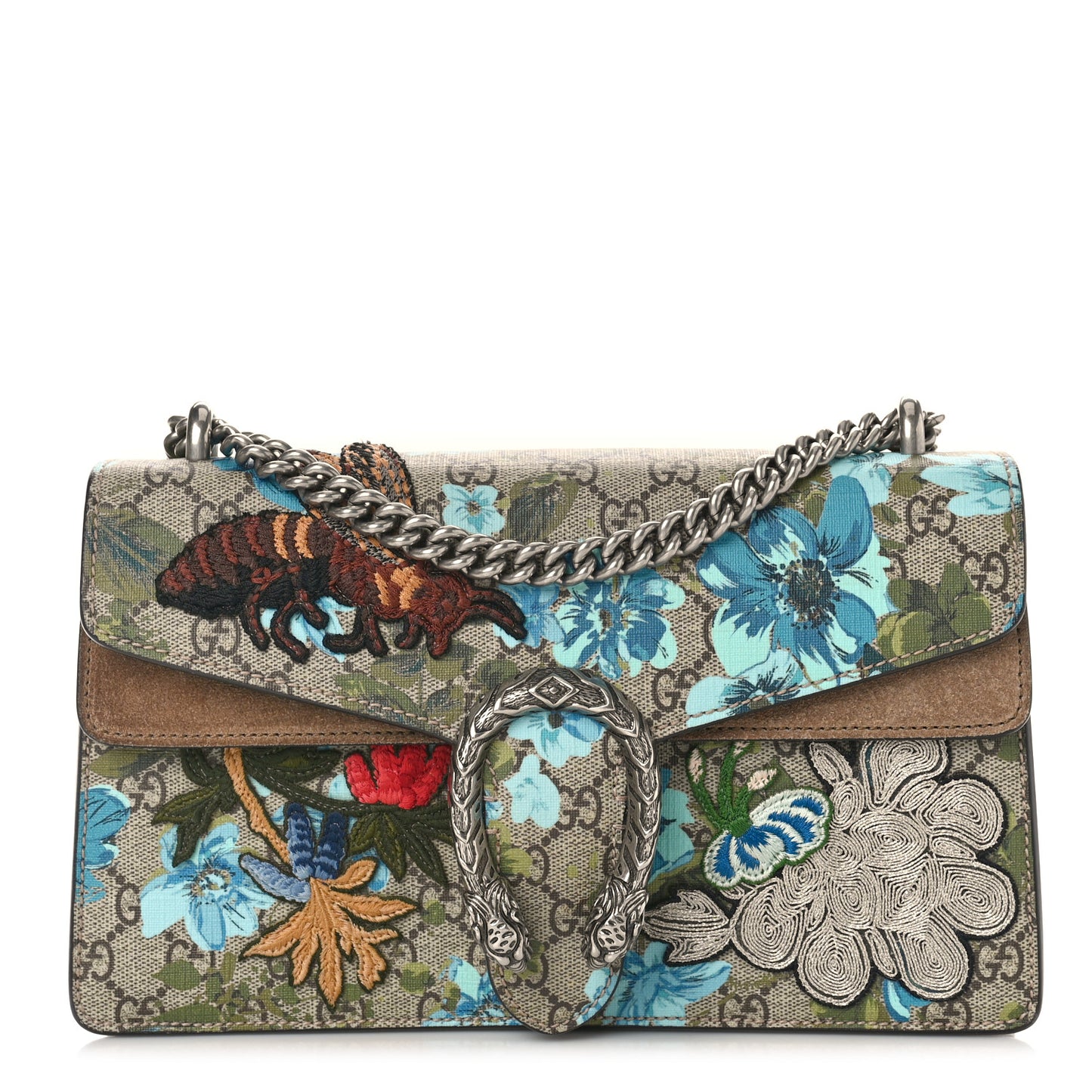 GG Supreme Monogram Blooms Print Embroidered Small Dionysus Shoulder Bag Blue Taupe