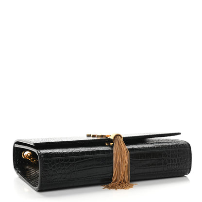 Saint Laurent Calfskin Crocodile Embossed Medium Classic Monogram Kate Tassel Satchel Black 4 of 8