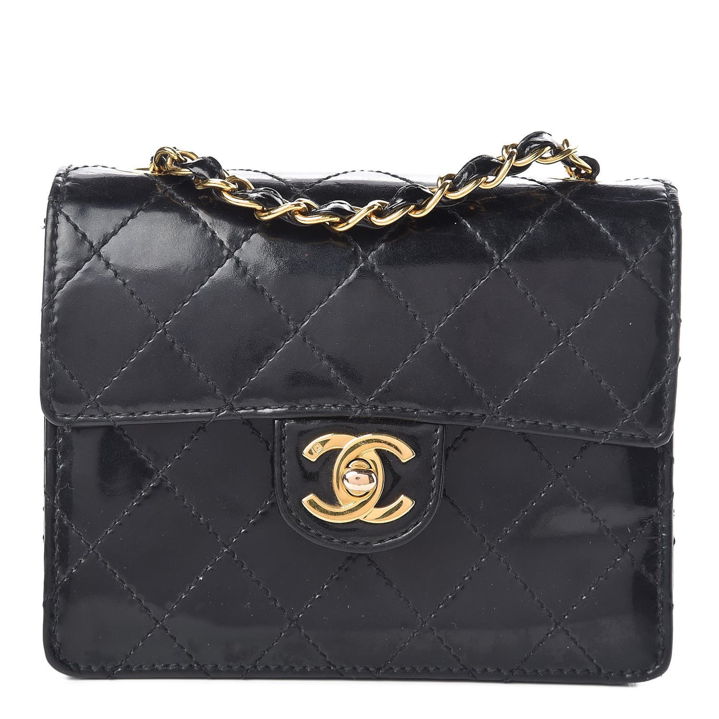 Glazed Calfskin Quilted Mini Square Flap Black