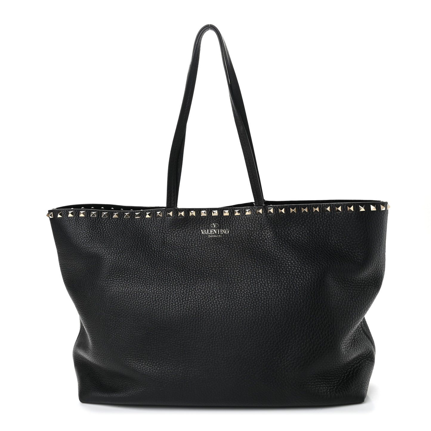 Grained Calfskin Rockstud Shoulder Tote Black