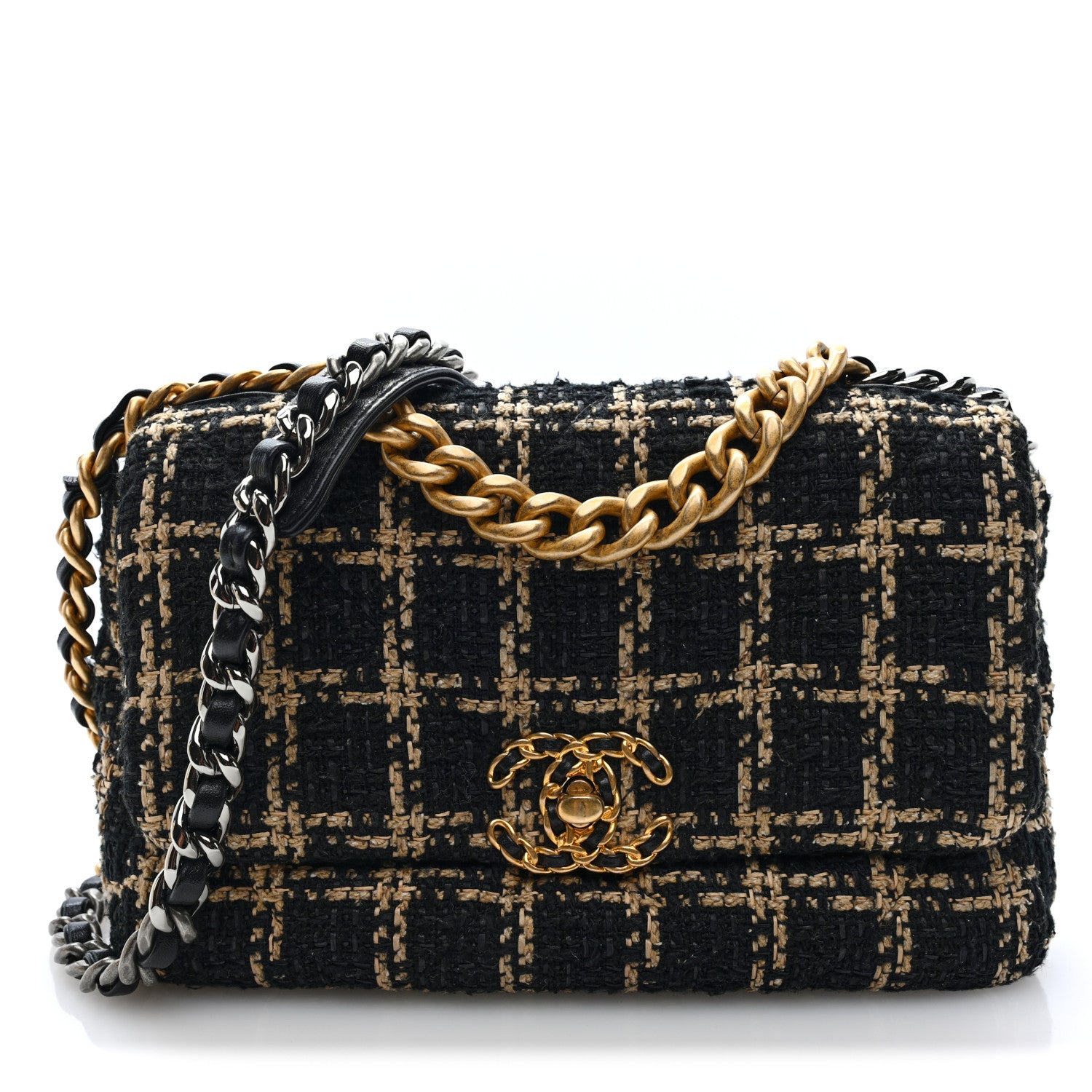 Chanel Tweed Quilted Medium Chanel 19 Flap Black Beige 1 of 10