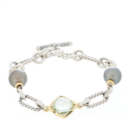 David Yurman Sterling Silver 18K Yellow Gold Tahitian Pearl Prasiolite Figaro Bracelet 1 of 3