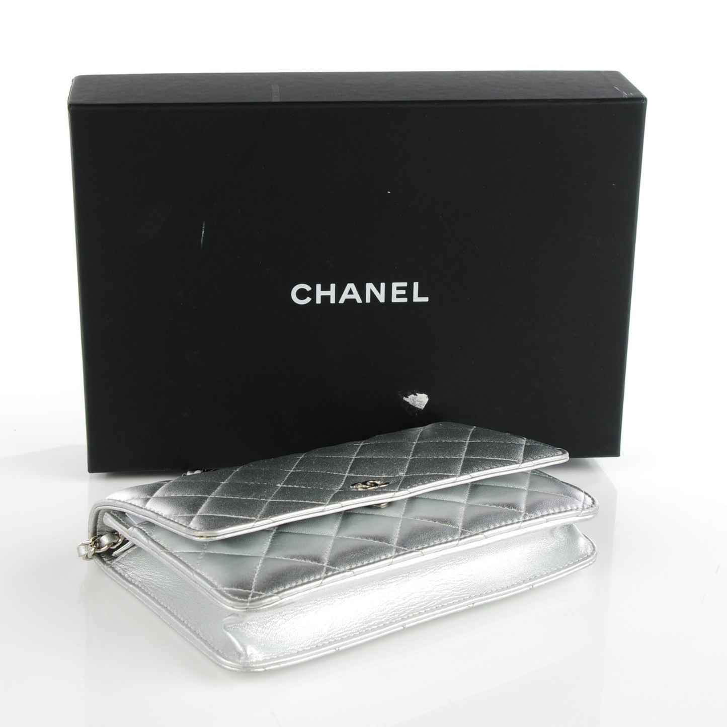 Metallic Lambskin Quilted Wallet On Chain WOC Silver