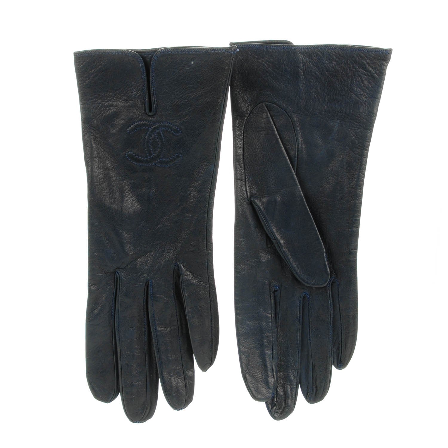 Chanel Goatskin CC Gloves 7.5 Navy Blue 1 of 5