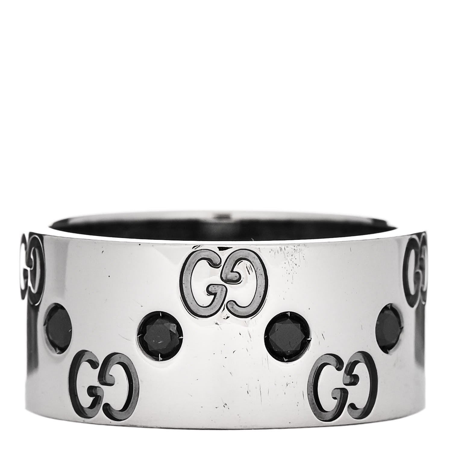 Gucci 18K White Gold Black Diamond Wide Icon Ring 53 6.25 1 of 6