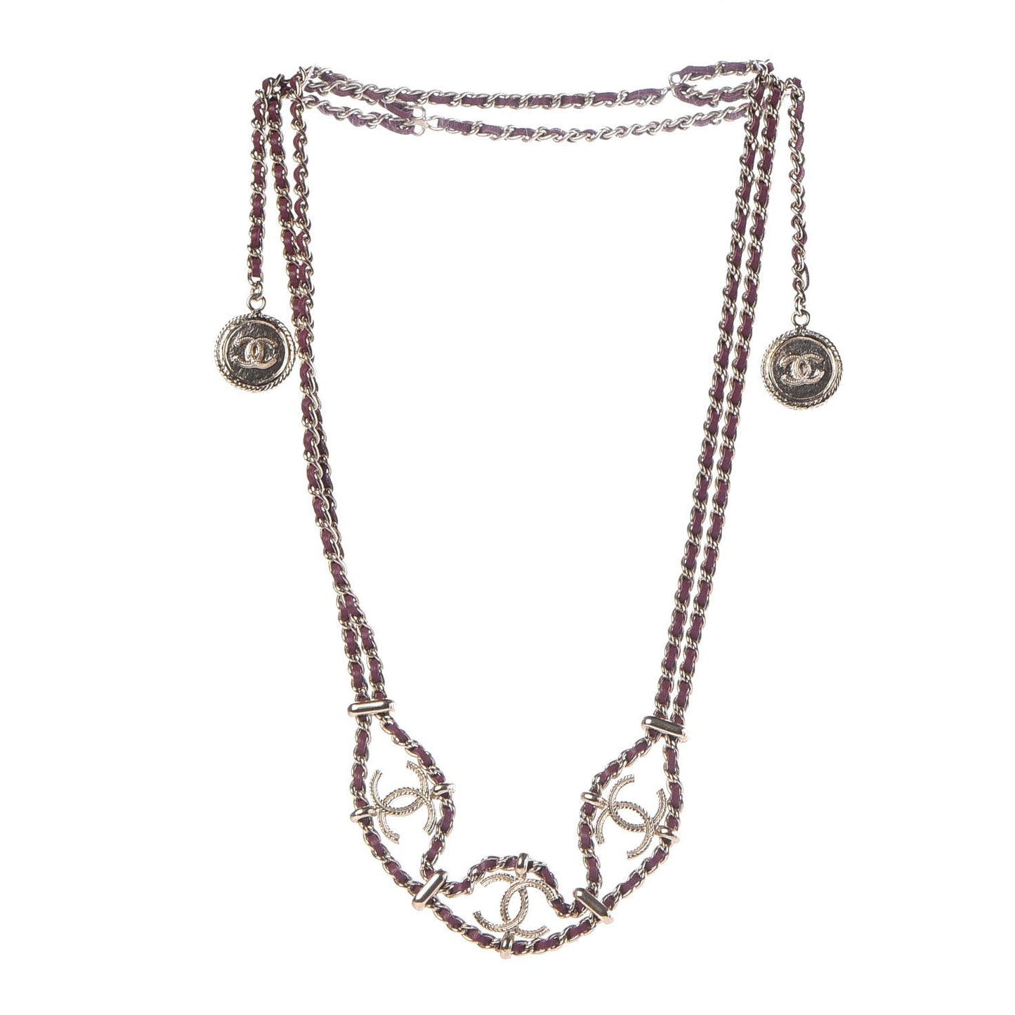 Metal Lambskin CC Chain Link Necklace Gold Dark Pink