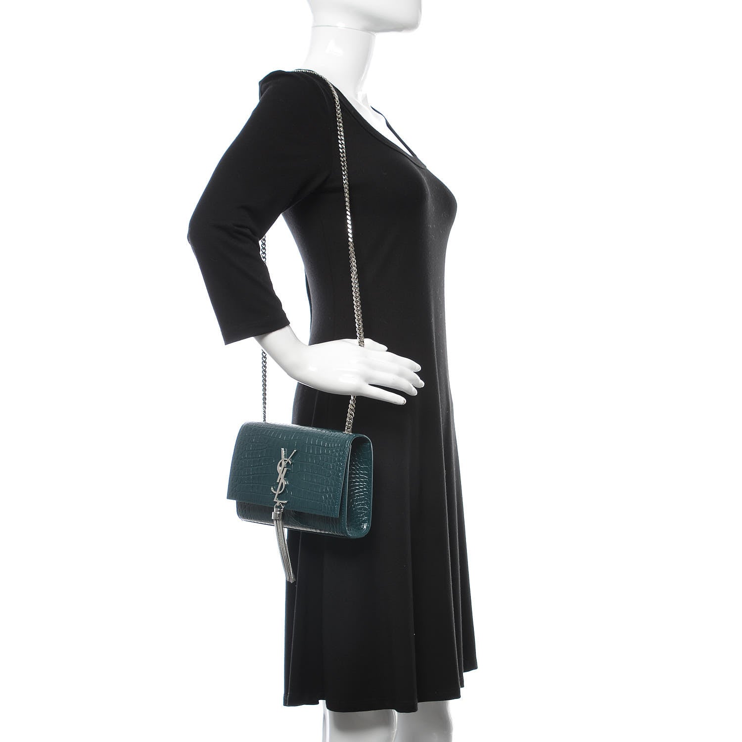 Saint Laurent Calfskin Crocodile Embossed Small Classic Monogram Kate Tassel Satchel Dark Green 2 of 7