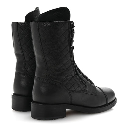 Chanel Sheepskin Quilted CC Tall Lace Up Combat Boots 35 Black 5 of 10
