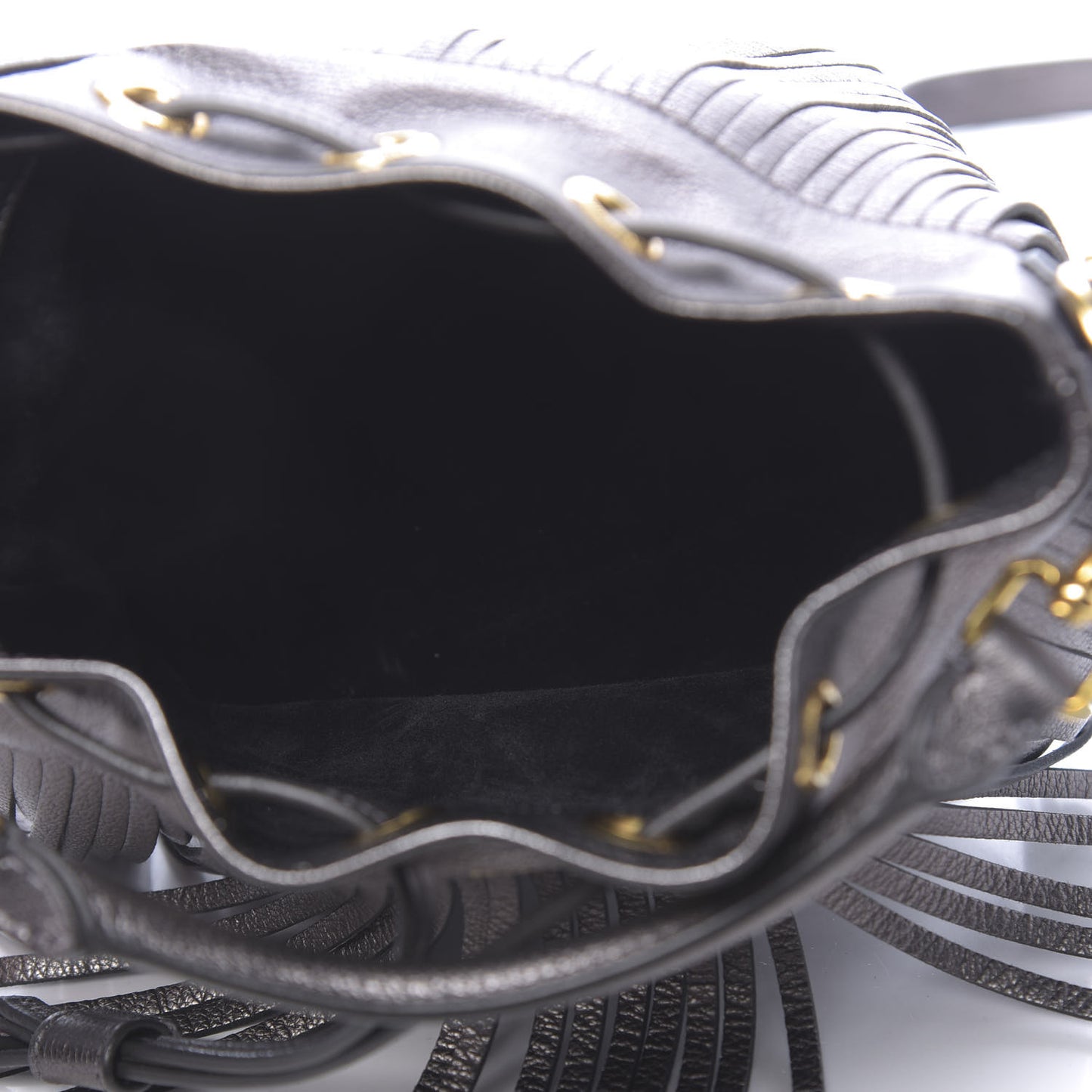 Metallic Goatskin Small Emmanuelle Fringe Bucket Bag Graphite