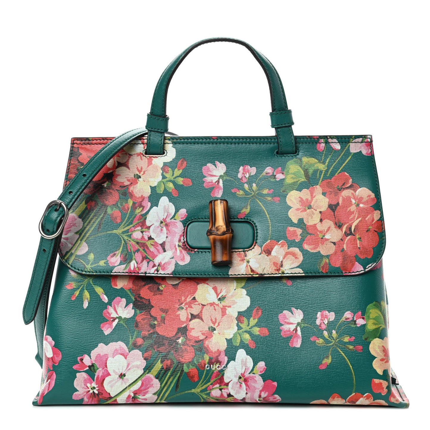 Shangai Calfskin Blooms Print Medium Bamboo Daily Top Handle Bag Clear Bright Emerald Multicolor