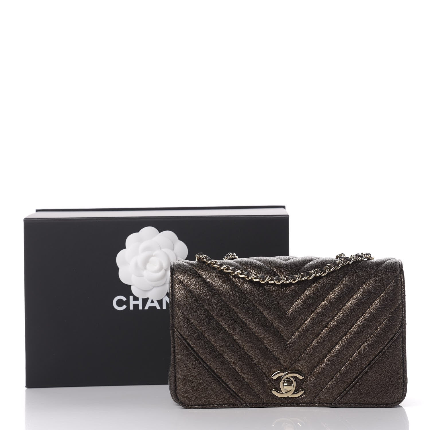 Chanel Metallic Caviar Chevron Quilted Mini Statement Flap Bronze 13 of 13