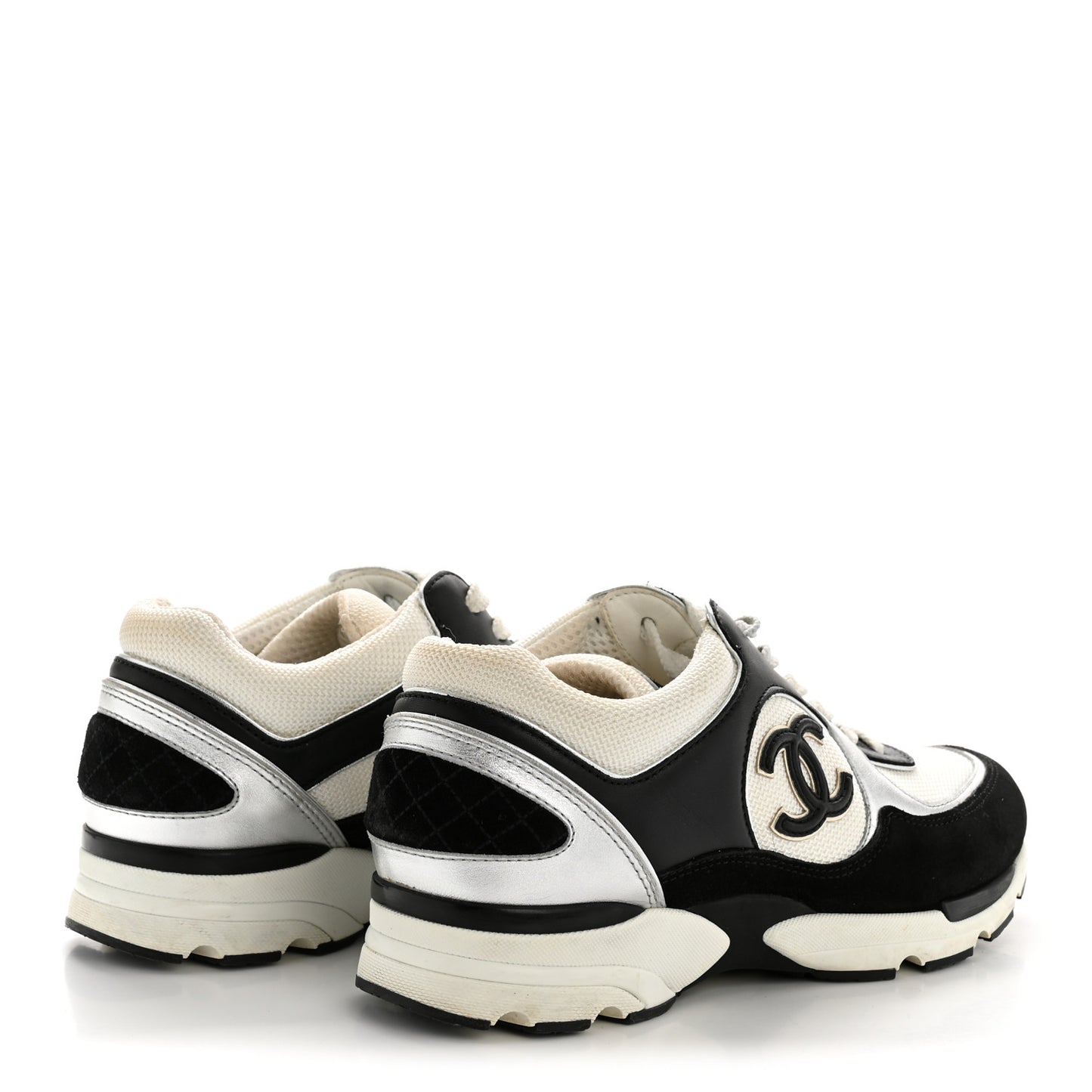 Mesh Suede Calfskin Grained Calfskin Womens CC Sneakers 38 Black White Silver
