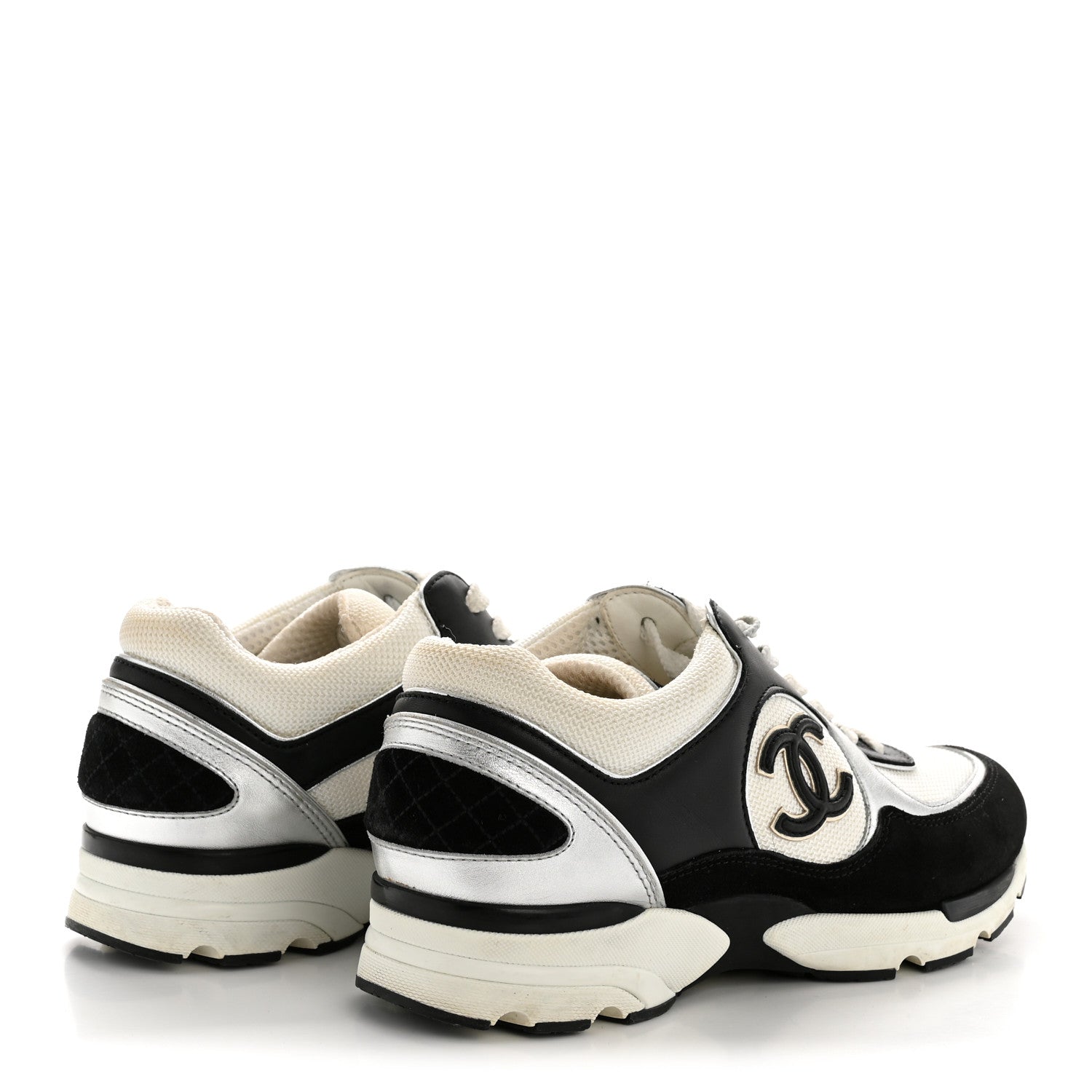 Chanel Mesh Suede Calfskin Grained Calfskin Womens CC Sneakers 38 Black White Silver 5 of 12