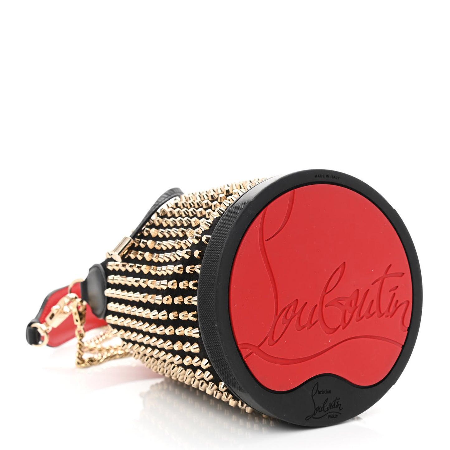 Silk Satin Calfskin Marie Jane Loubirun Studded Bucket Black Gold Platine