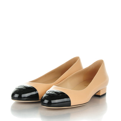 Chanel Crumpled Calfskin Patent Cap Toe Ballerina Flats 38 Beige Black 3 of 7