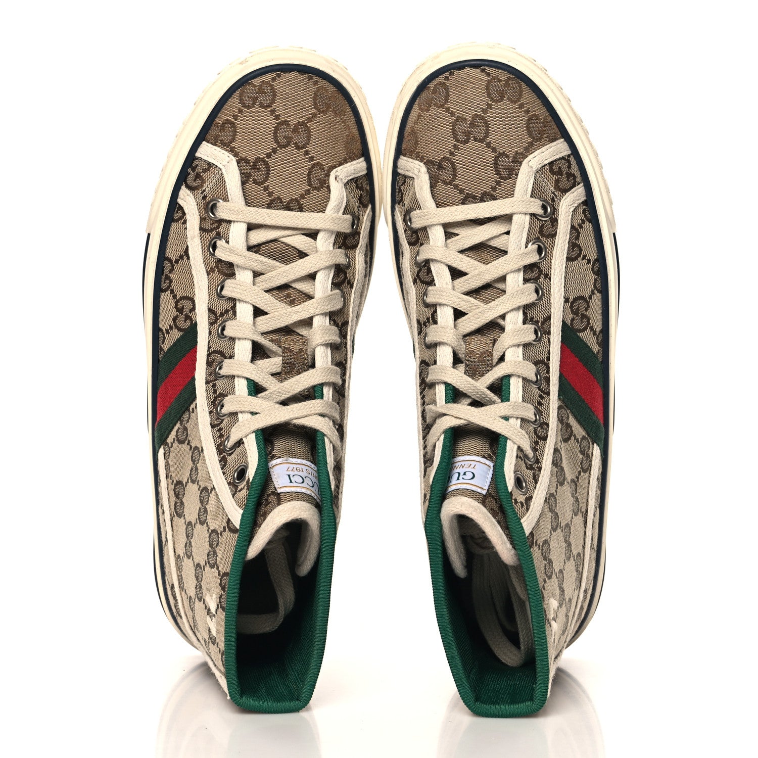 Gucci GG Monogram Web Womens 1977 Tennis High Top Sneakers 37 Beige Ebony Mystic White 2 of 9