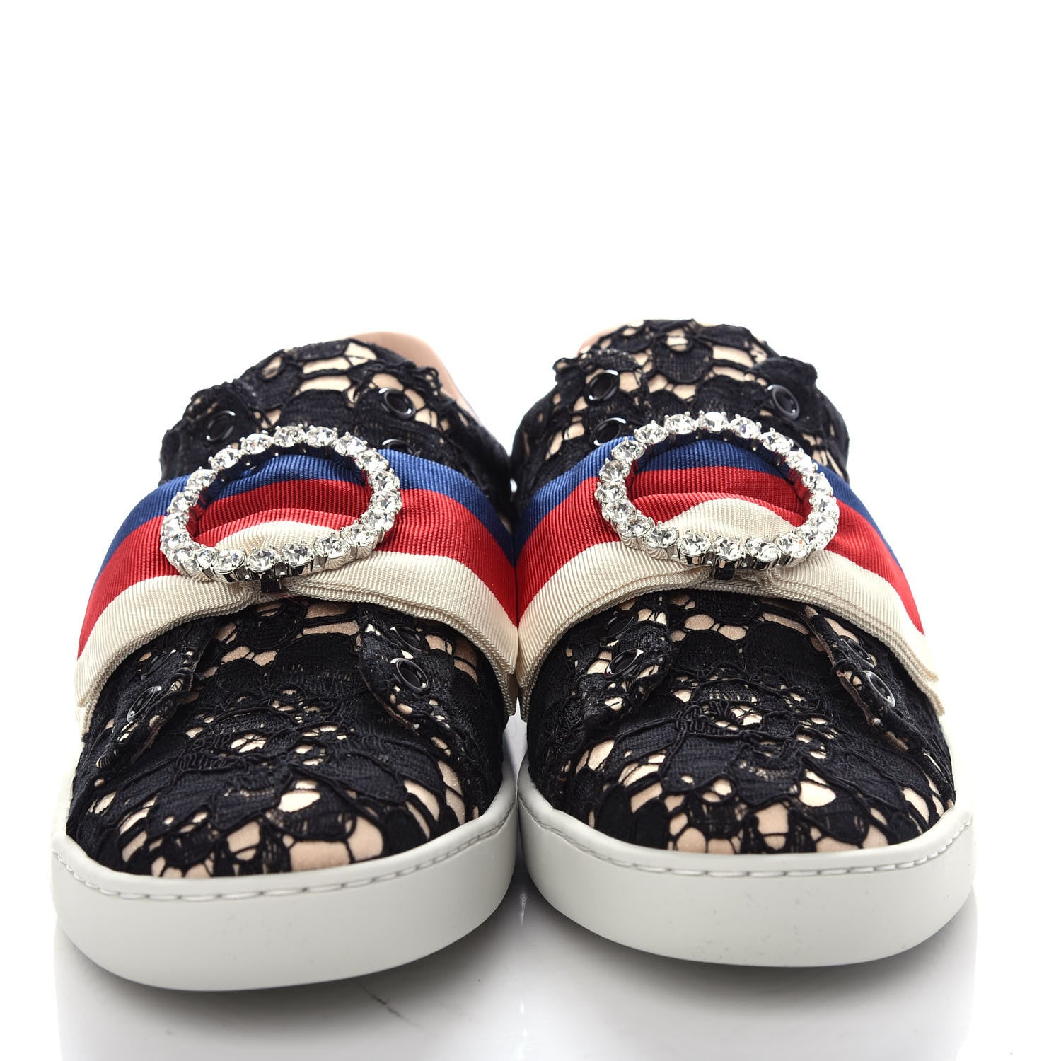Gucci Lace Crystal Sylvie Web Flower Leaf Womens Ace Sneakers 35.5 Black Tan Beige 5 of 11