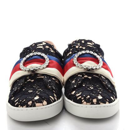 Gucci Lace Crystal Sylvie Web Flower Leaf Womens Ace Sneakers 35.5 Black Tan Beige 5 of 11
