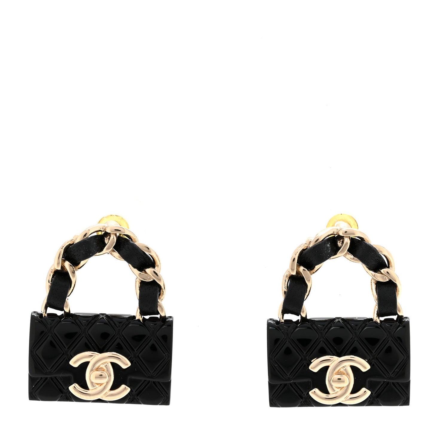 Metal Resin Lambskin Quilted CC Turnlock Chain Flap Bag Earrings Black Gold