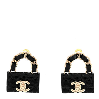 Chanel Metal Resin Lambskin Quilted CC Turnlock Chain Flap Bag Earrings Black Gold 1 of 4