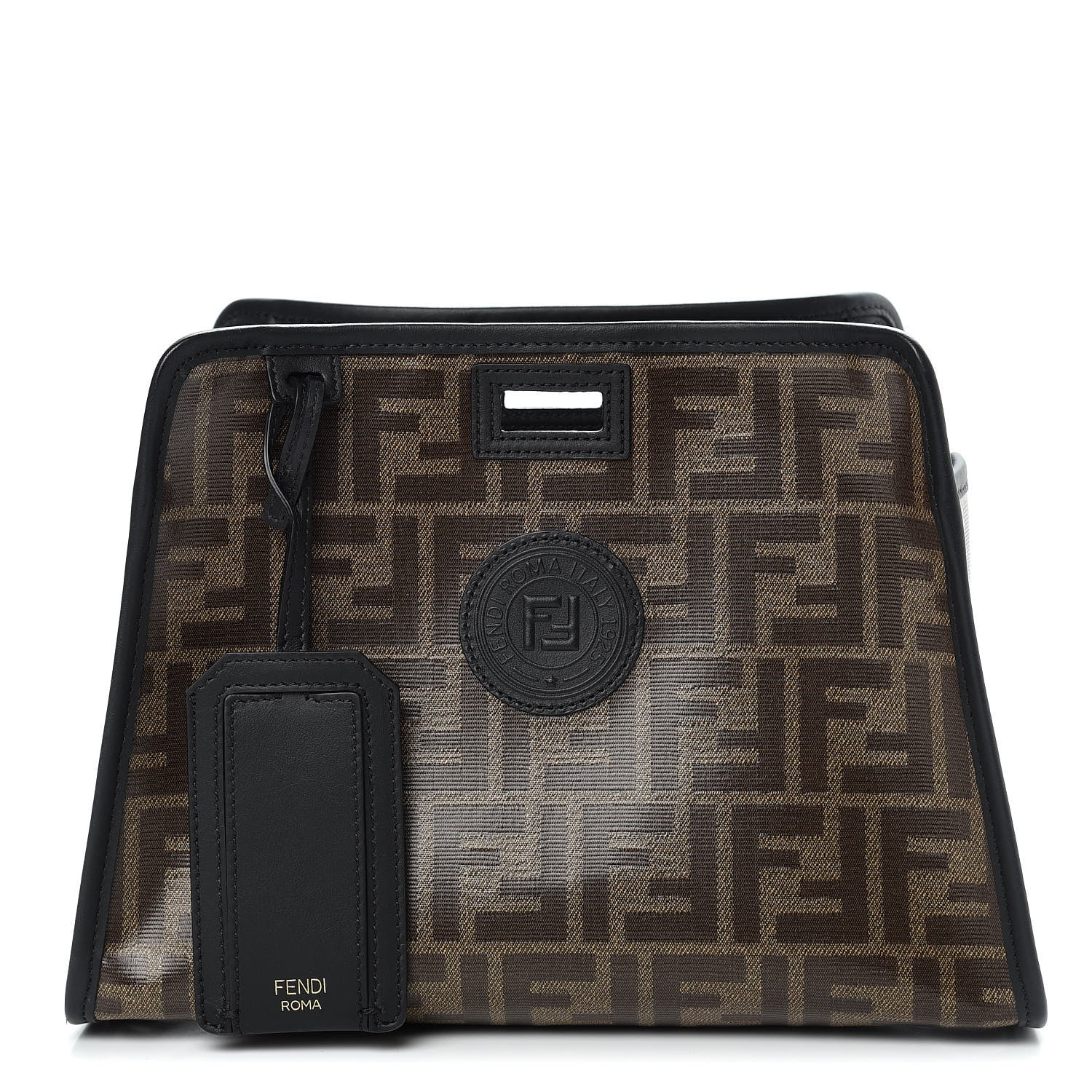 Fendi Glazed Fabric Vitello Century FF 1974 Stamp Patch Mini Peekaboo Defender Cover Mogano Panna Black 1 of 8