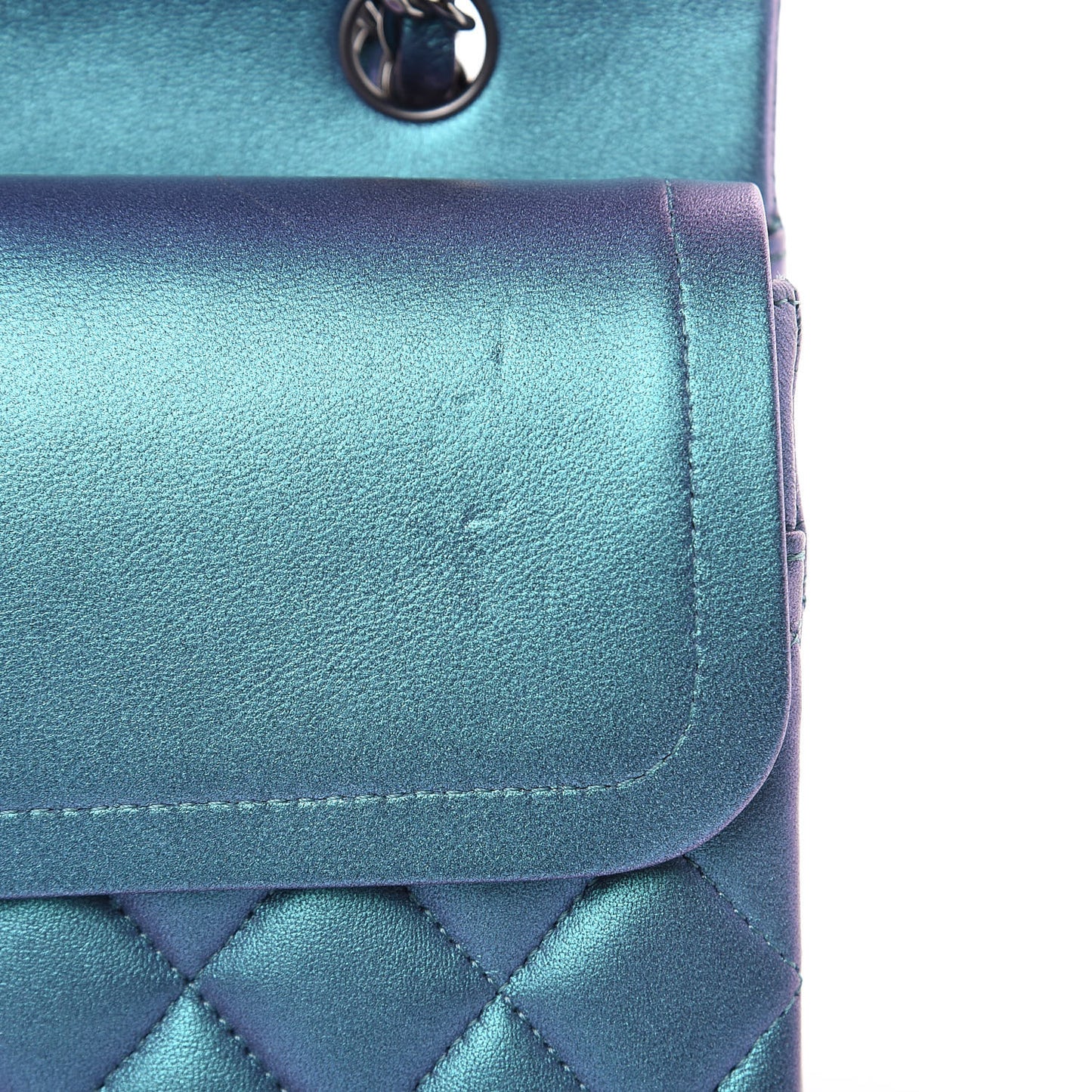 Metallic Lambskin Quilted Medium Double Flap Turquoise