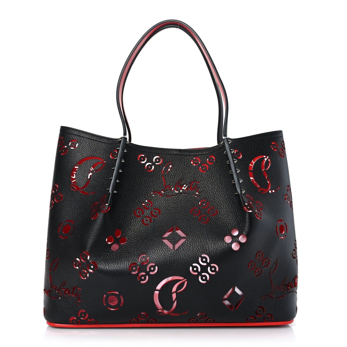 Calfskin Loubinthesky Large Perforated Cabarock Spikes Tote Black