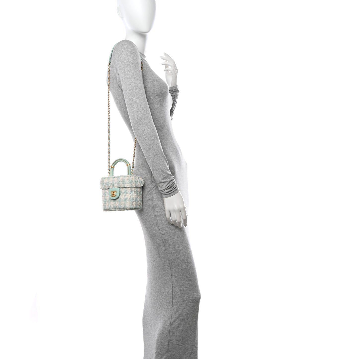 Tweed Handle Crush Top Handle Flap Bag Light Blue Ecru