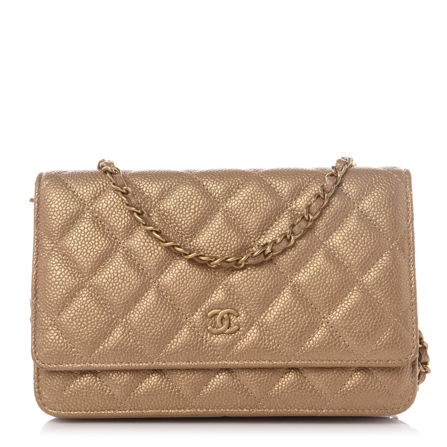 Pearly Caviar Quilted Wallet On Chain WOC Gold