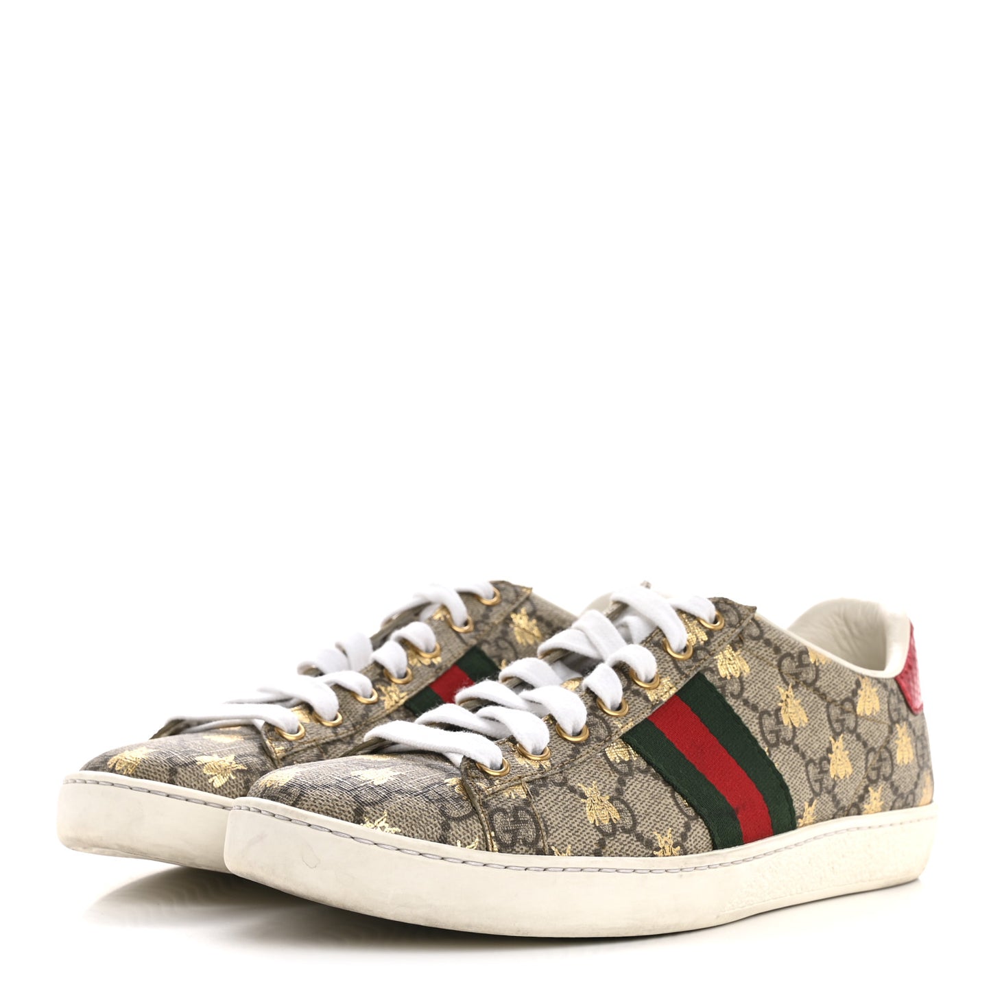 GG Supreme Monogram Bees Ayers Web Womens Ace Sneakers 37.5 Beige Oro Green Red