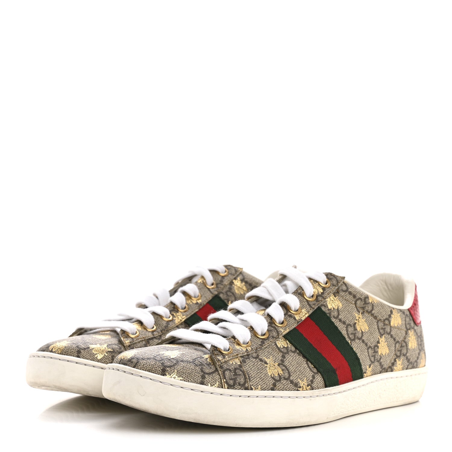 Gucci GG Supreme Monogram Bees Ayers Web Womens Ace Sneakers 37.5 Beige Oro Green Red 4 of 11