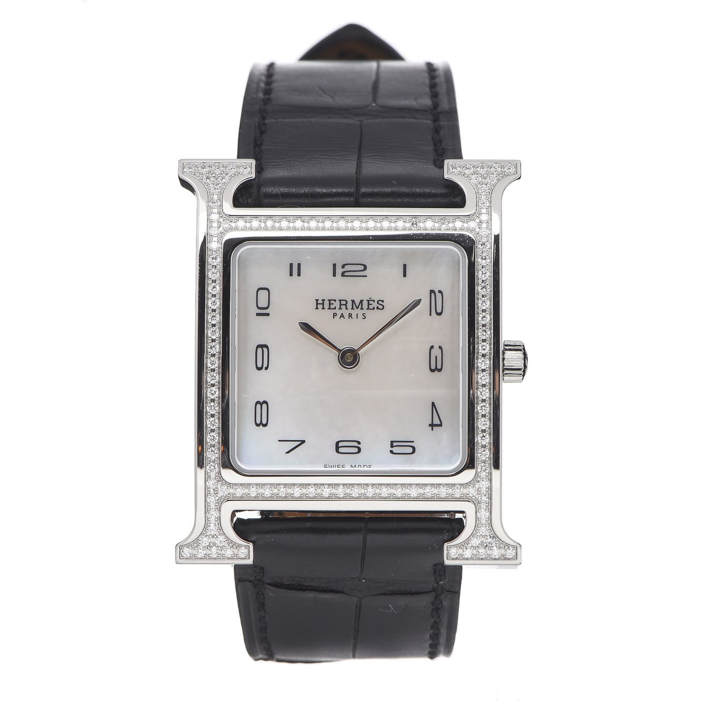Stainless Steel Alligator Diamond Bezel Mother of Pearl 26mm Heure H Hour Quartz Watch Noir