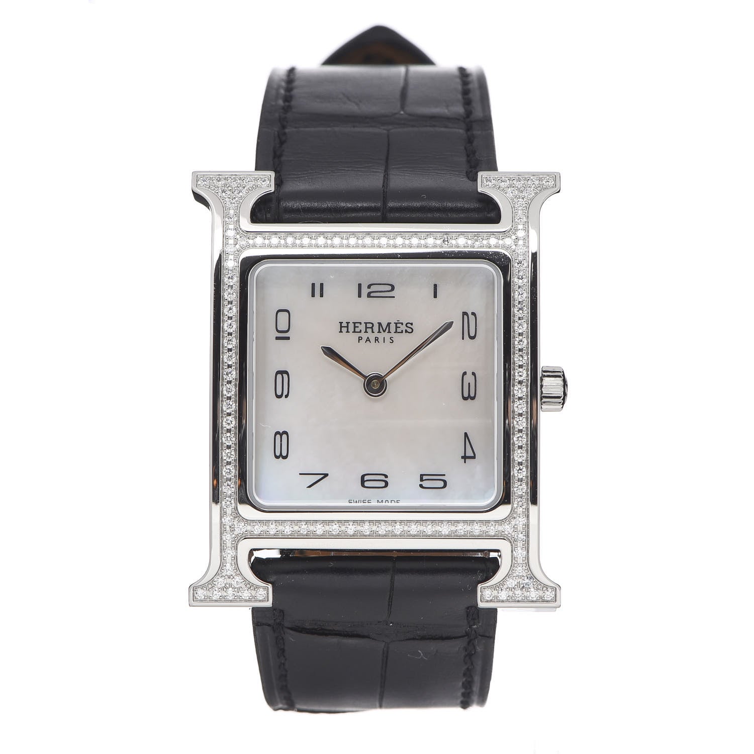 Hermes Stainless Steel Alligator Diamond Bezel Mother of Pearl 26mm Heure H Hour Quartz Watch Noir 1 of 9