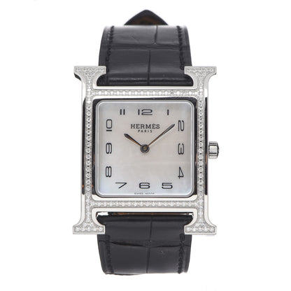 Hermes Stainless Steel Alligator Diamond Bezel Mother of Pearl 26mm Heure H Hour Quartz Watch Noir 1 of 9