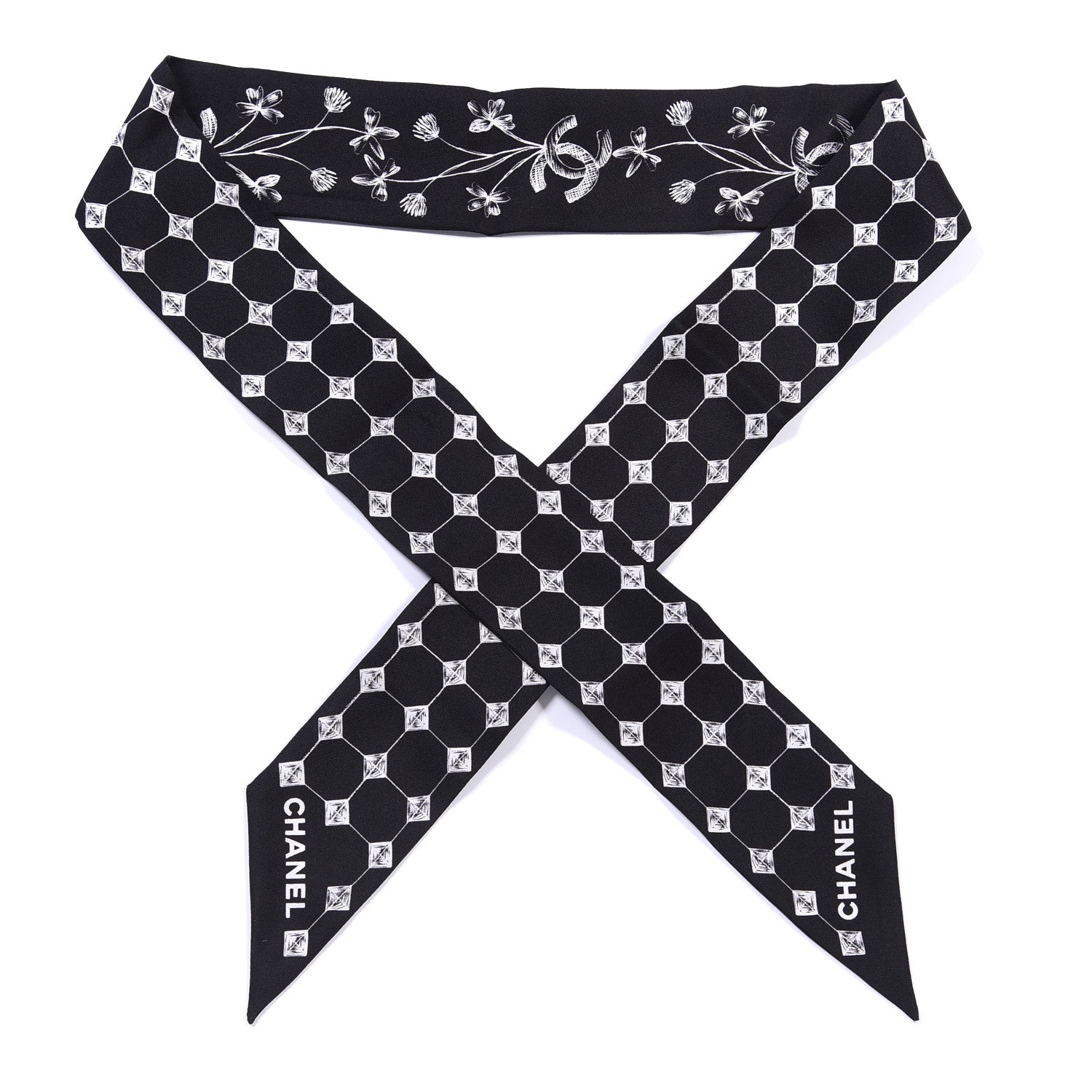 Chanel Silk CC Slim Bandeau Scarf Black White 1 of 3