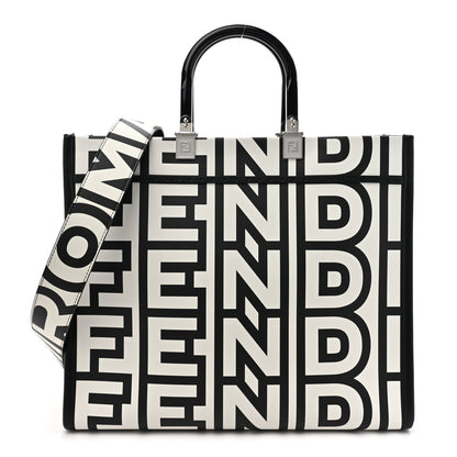 Fendi X MARC JACOBS Vitello King Logo Print Medium Fendi Sunshine Shopper Tote Black White 1 of 9