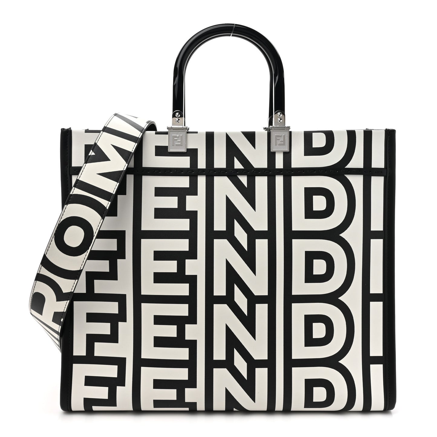 X MARC JACOBS Vitello King Logo Print Medium Fendi Sunshine Shopper Tote Black White