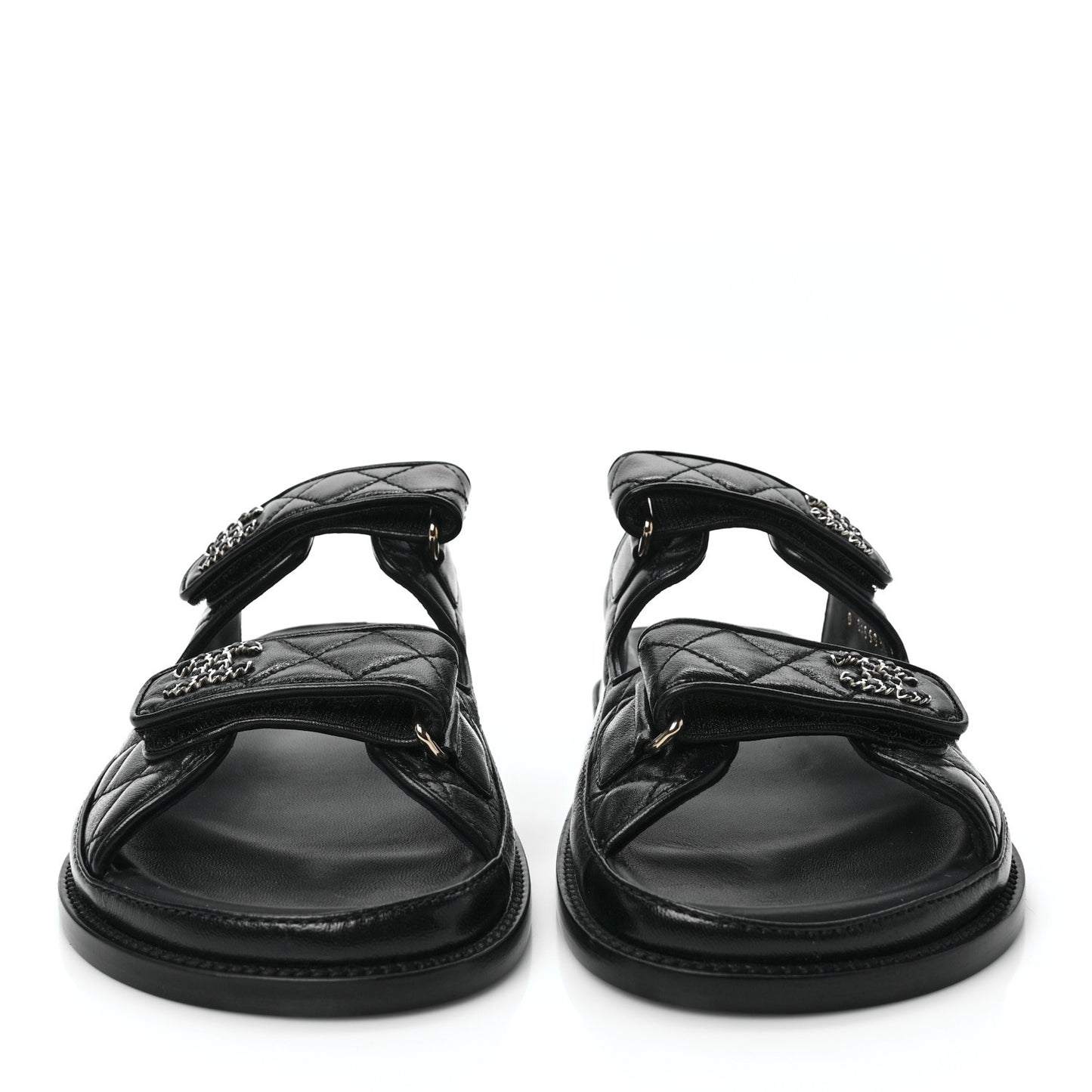 Lambskin Quilted Velcro Dad Chain CC Slide Sandals 40 Black