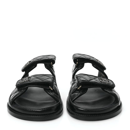 Chanel Lambskin Quilted Velcro Dad Chain CC Slide Sandals 40 Black 2 of 9
