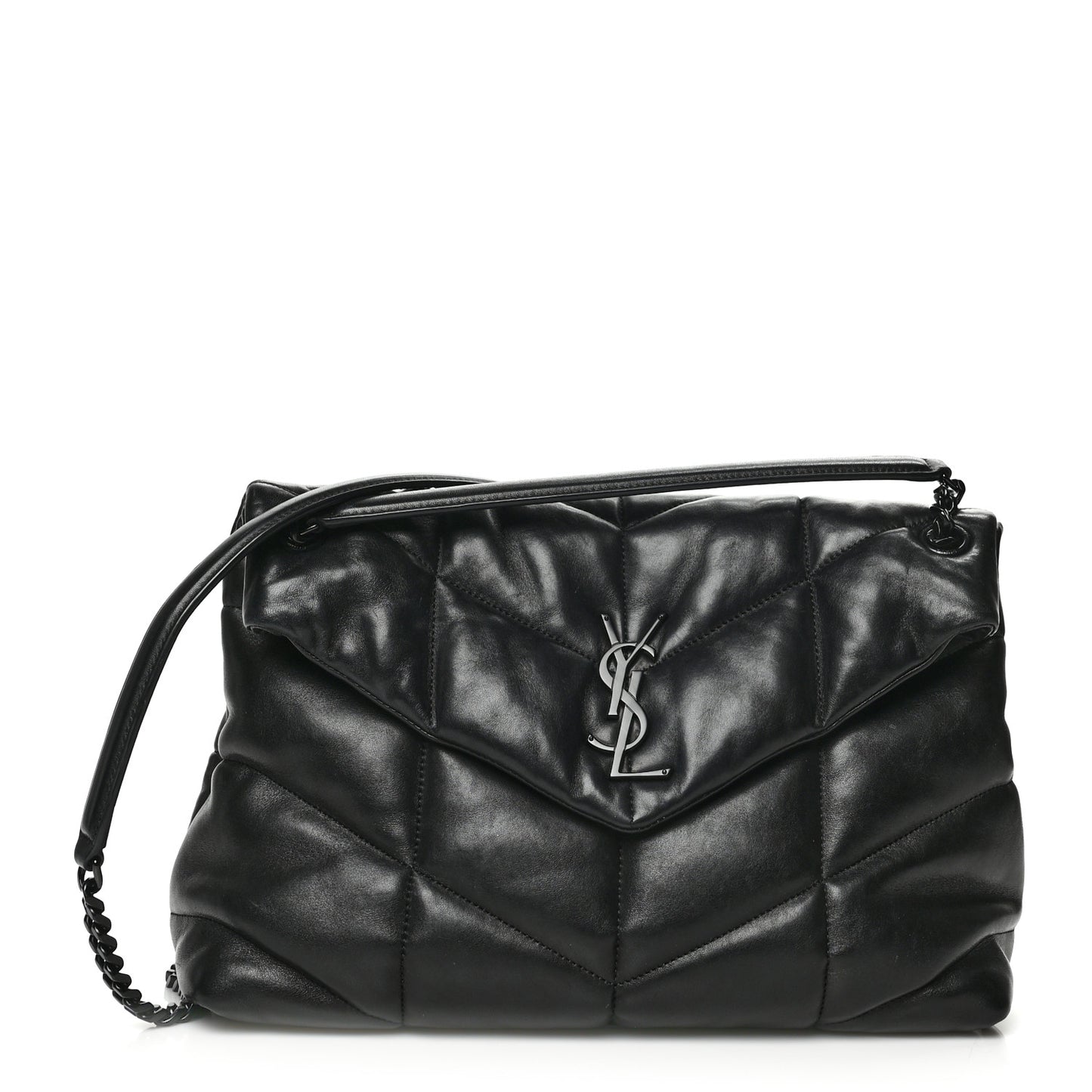 Lambskin Quilted Medium Loulou Puffer Monogram Chain Satchel Black
