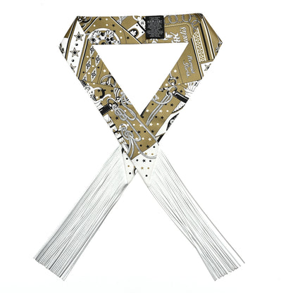 Hermes Bandana Fringes Twilly  Kaki White Black 1 of 4