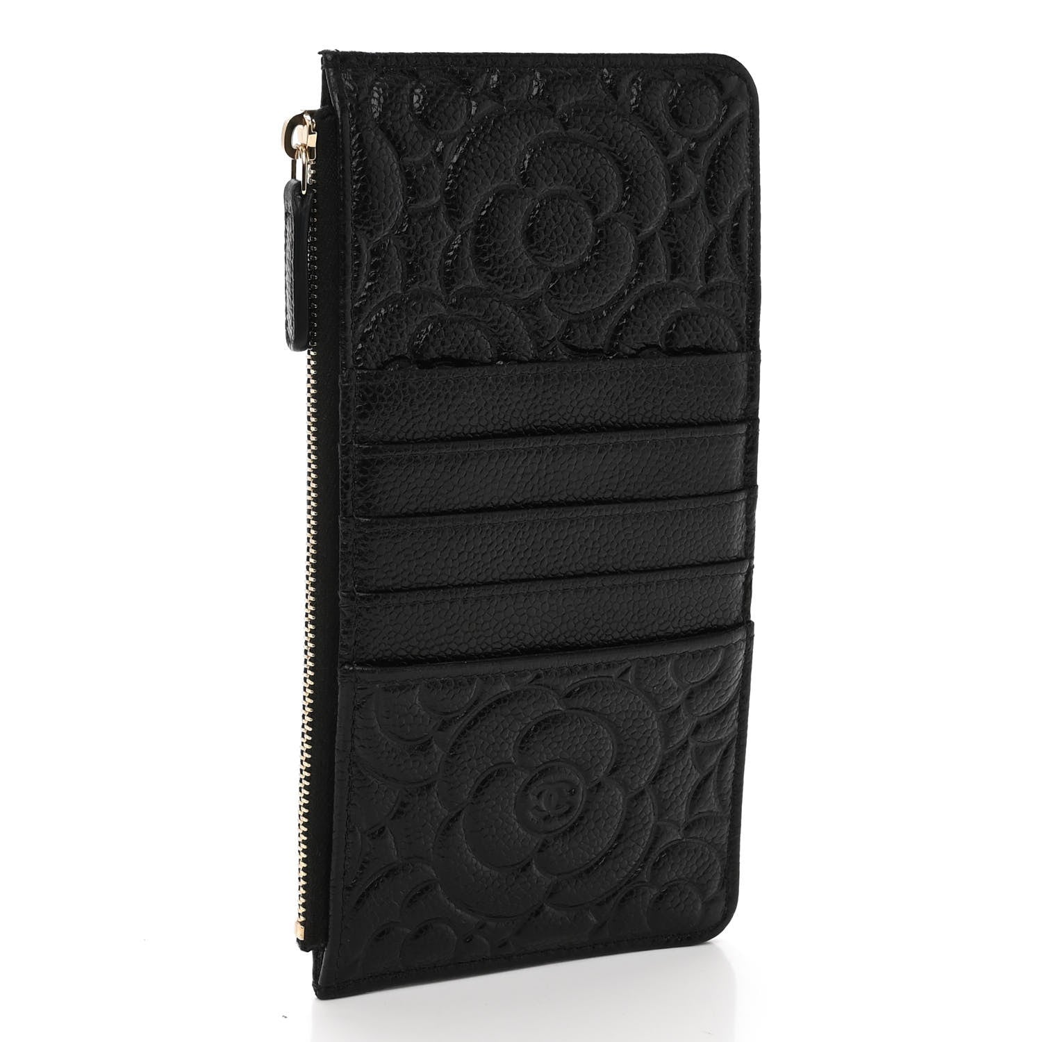 Chanel Caviar Camellia Embossed Classic Flat Wallet Pouch Black 3 of 8