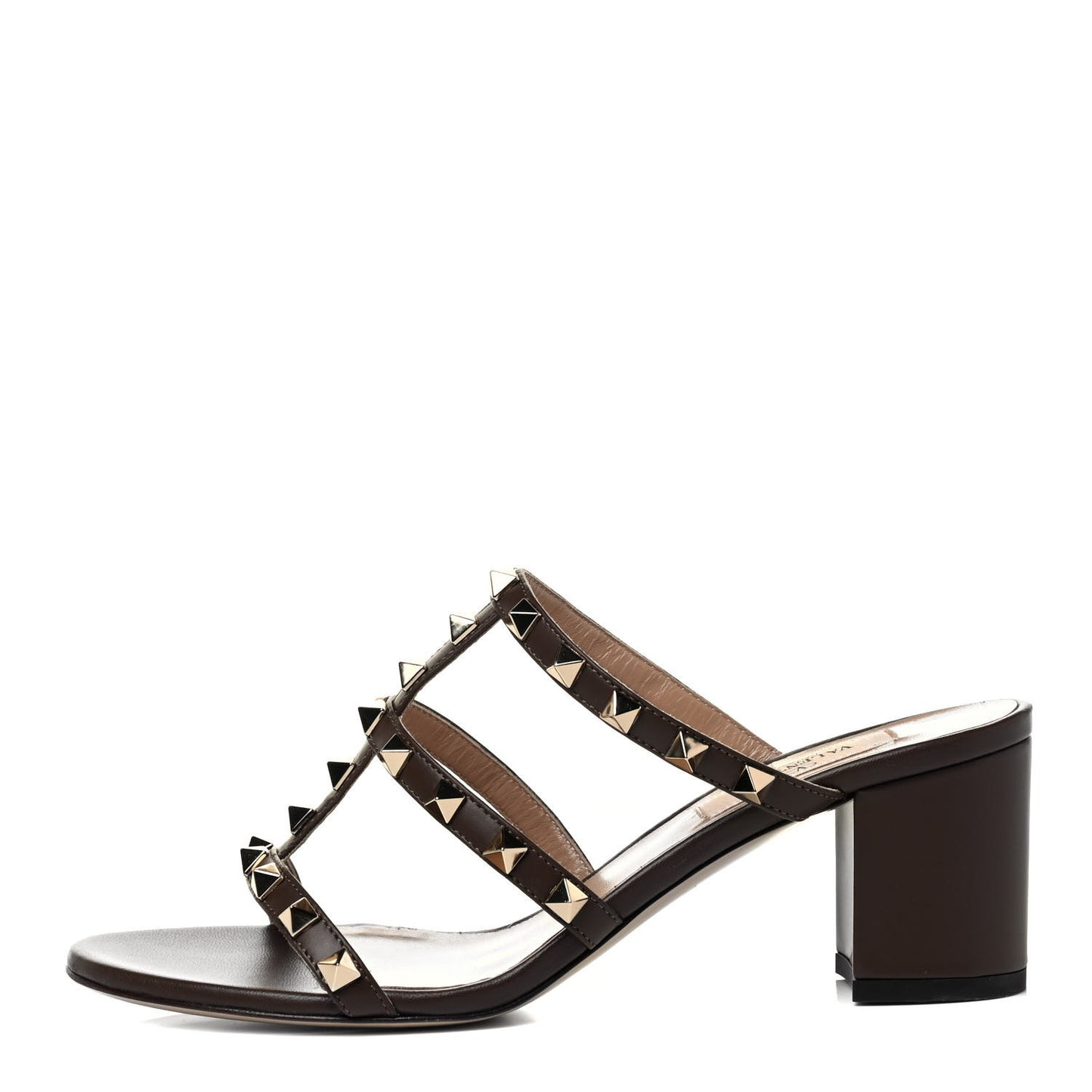 Calfskin Rockstud 60mm Caged Slide Sandals 37.5 Cacao