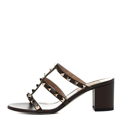 Valentino Garavani Calfskin Rockstud 60mm Caged Slide Sandals 37.5 Cacao 1 of 7