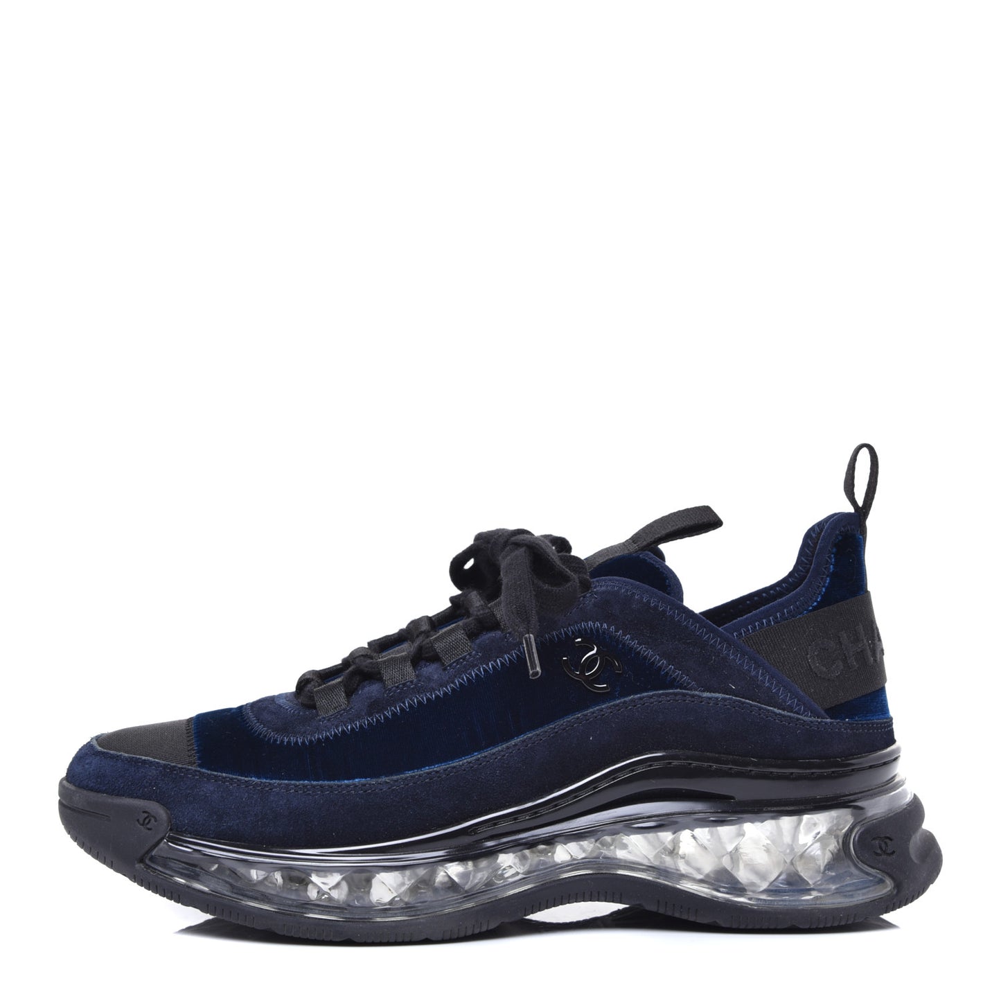 Suede Calfskin Velvet Grosgrain CC Sneakers 38.5 Navy Blue Black
