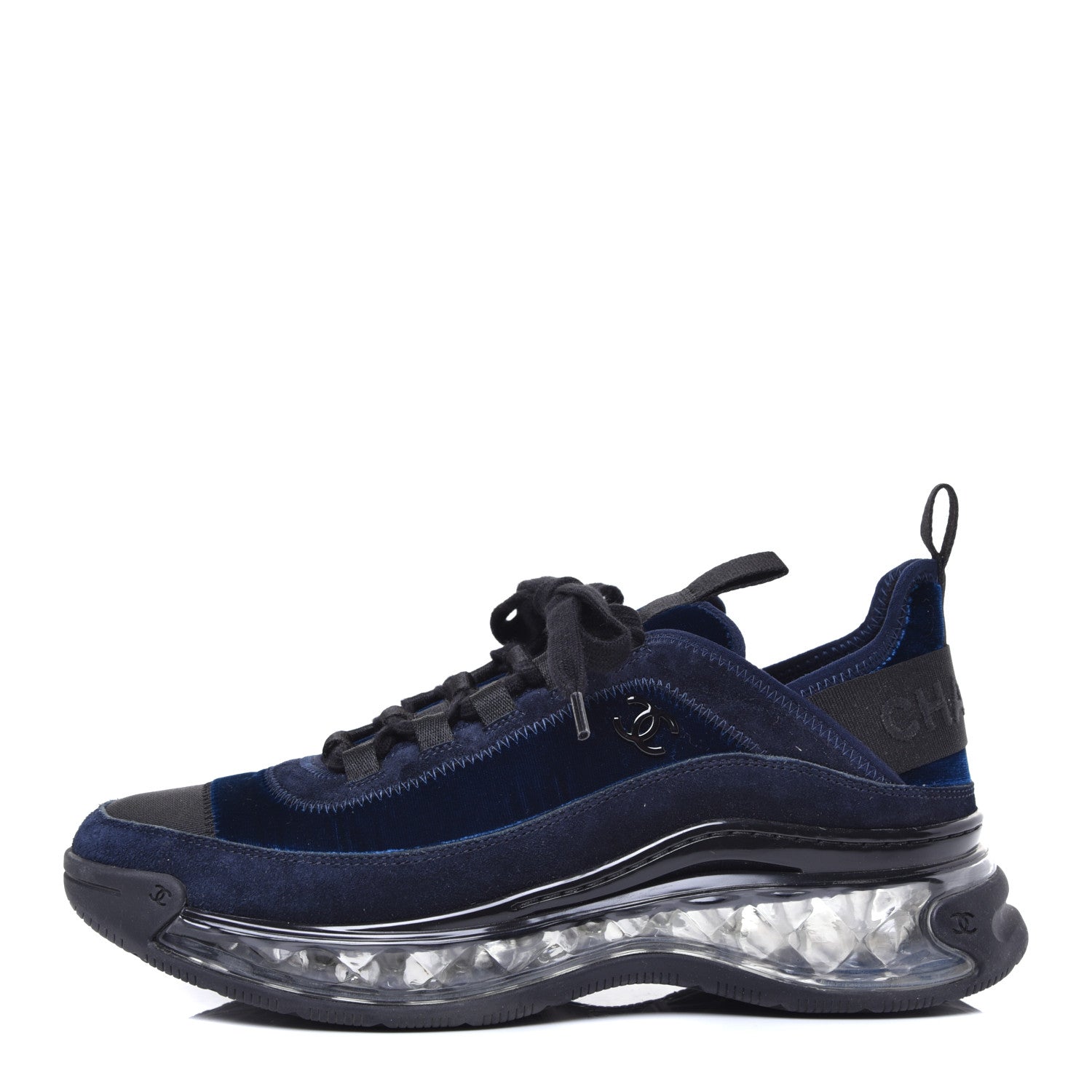 Chanel Suede Calfskin Velvet Grosgrain CC Sneakers 38.5 Navy Blue Black 1 of 9