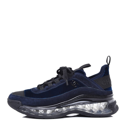 Chanel Suede Calfskin Velvet Grosgrain CC Sneakers 38.5 Navy Blue Black 1 of 9